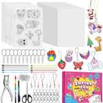 Funtopia Shrinking Art Sheets Kits for Kids, 75 Pre-Cut Keychain Making Kit | 12 Themes Shrink Paper Craft, DIY Shrink Art Plastic Sheets with Charms and Keychains Accessories