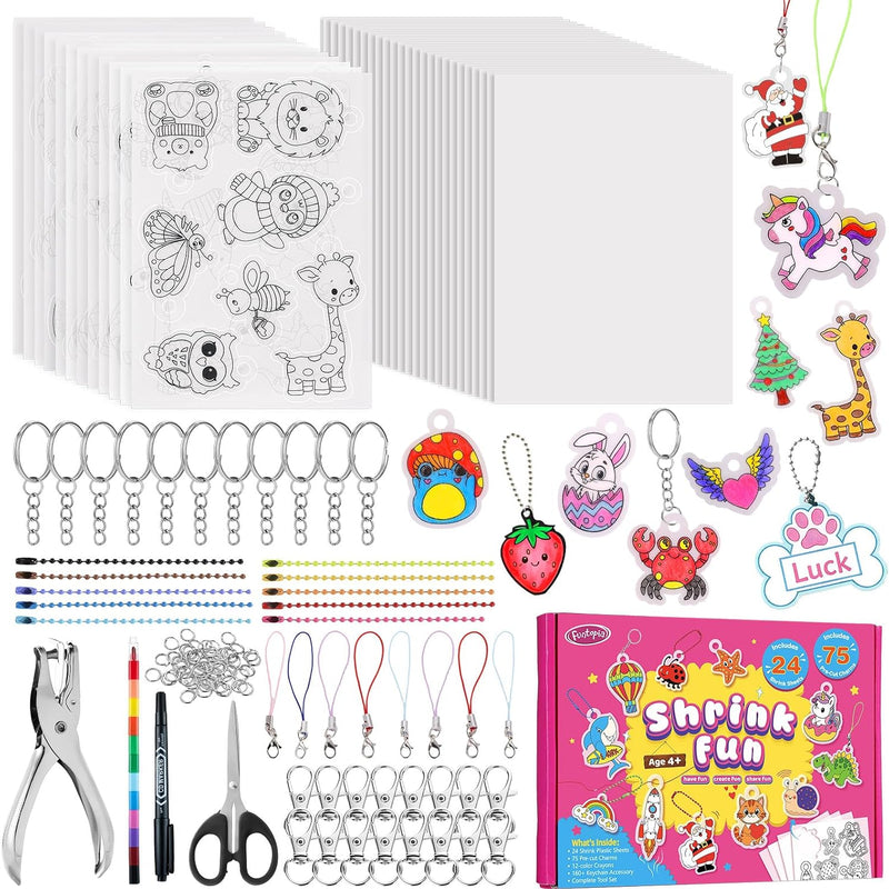 Funtopia Shrinking Art Sheets Kits for Kids, 75 Pre-Cut Keychain Making Kit | 12 Themes Shrink Paper Craft, DIY Shrink Art Plastic Sheets with Charms and Keychains Accessories