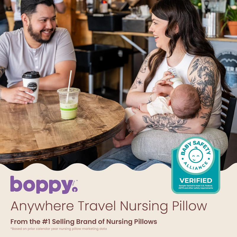 Boppy Anywhere Travel Nursing Pillow - Compact, Ergonomic Bottle & Breastfeeding Pillow with Snap & Loop Hanging Closure and Firm Hypoallergenic Fill, Baby Safety Alliance Verified