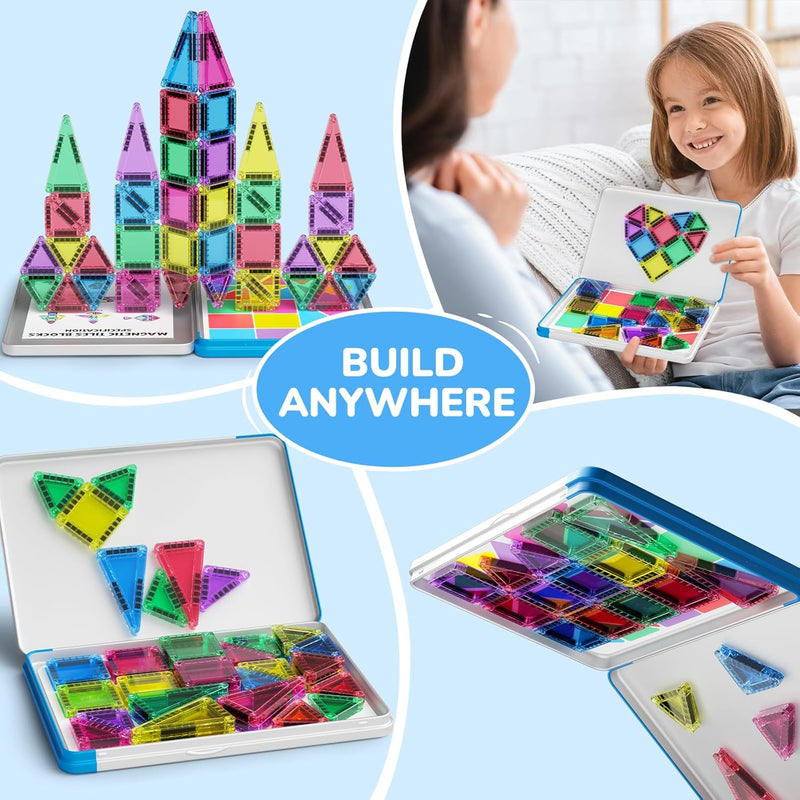 42PCS Mini Magnetic Tiles Travel Set with Iron Storage Box - Portable STEM Building Blocks for Kids 3-8, Montessori Educational Magnet Toys for Airplane, Car Rides & On-The-Go Play