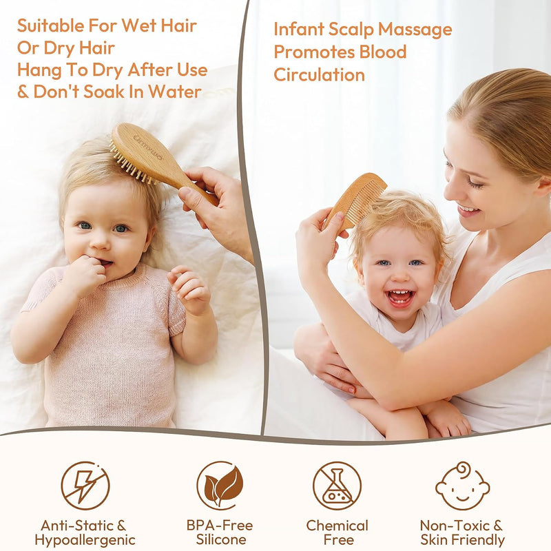 Baby Brush and Comb Set - 4 Piece Wooden Soft Bristle Hairbrush for Newborns, Baby Brush for Cradle Cap - Essentials Care Kit - Baby Shower Gift for Boys & Girls
