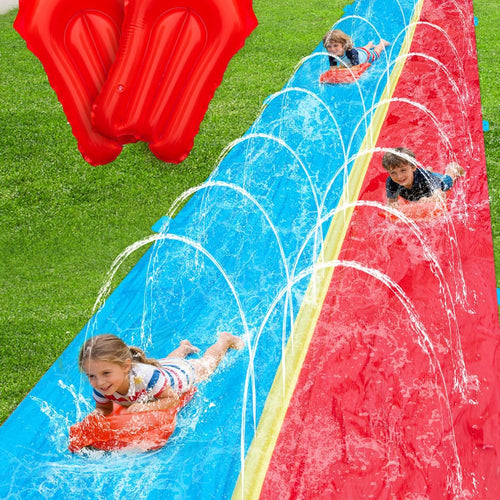Spring Water 30ft Slip and Water Slide for Kids Backyard, Extra Long 2 Lanes Slip n Water Slide with Sprinkler, Gaint Water Slides with 2 Inflatable Bodyboards Outdoor Fun Summer Water Toys