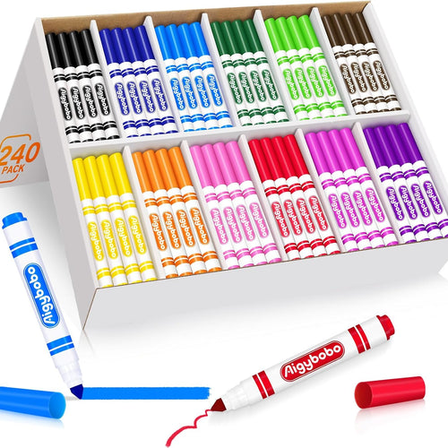 Aigybobo 240 Count Washable Markers Bulk, 12 Assorted Colors, Broad Line Conical Tip Coloring Marker for Kids, Markers Bulk Pack for Classroom, School Art Supplies & Back to School Supplies