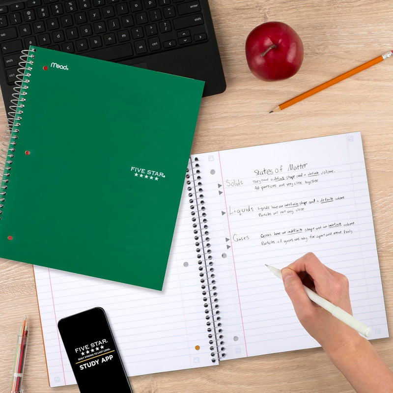 Five Star Spiral Notebook + Study App, 3 Subject, Wide Ruled Paper, 8" x 10-1/2", 150 Sheets, Fights Ink Bleed, Water Resistant Cover, Forest Green (73176)