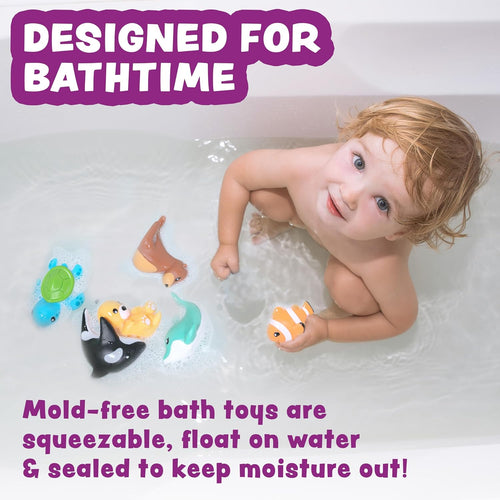 Tub Works® Marine™ Mold-Free Bath Toys, 6-Pack | Sealed, No-Hole Design | Soft, Squeezable & Float