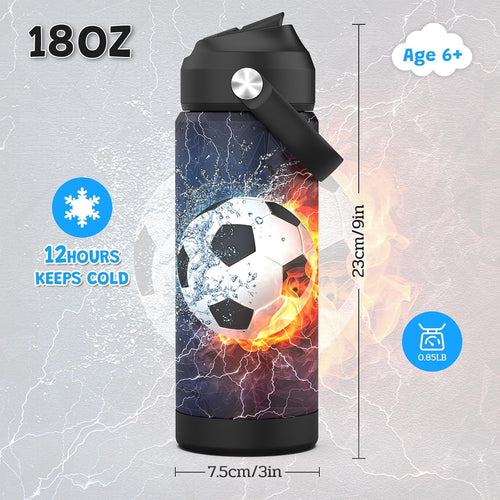 Boys Soccer Water Bottle for School，Kids 18 oz Insulated Stainless Steel Cup with Straw, Double-Wall Vacuum Leakproof