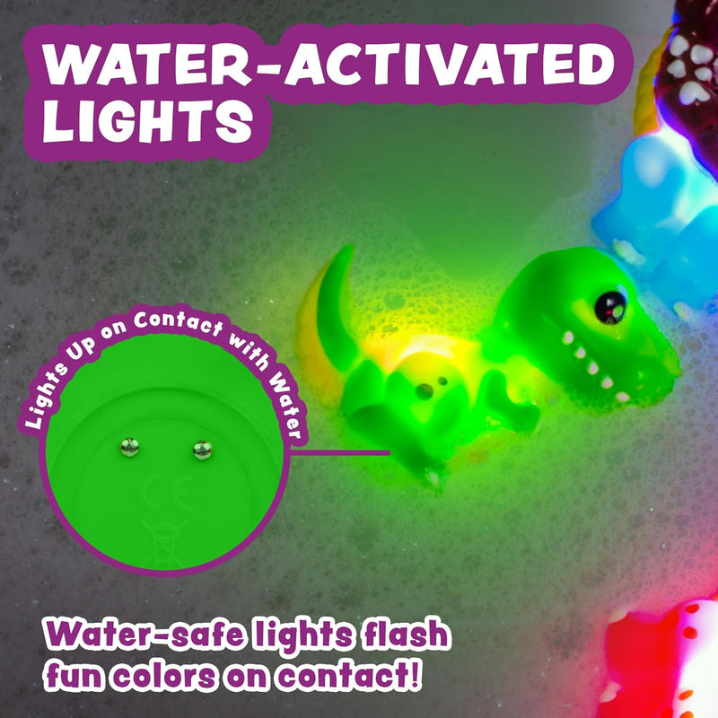 Tub Works Dinos Light Up Bath Toys, 6 Pack for Toddler Sensory Play and Bath Time Fun