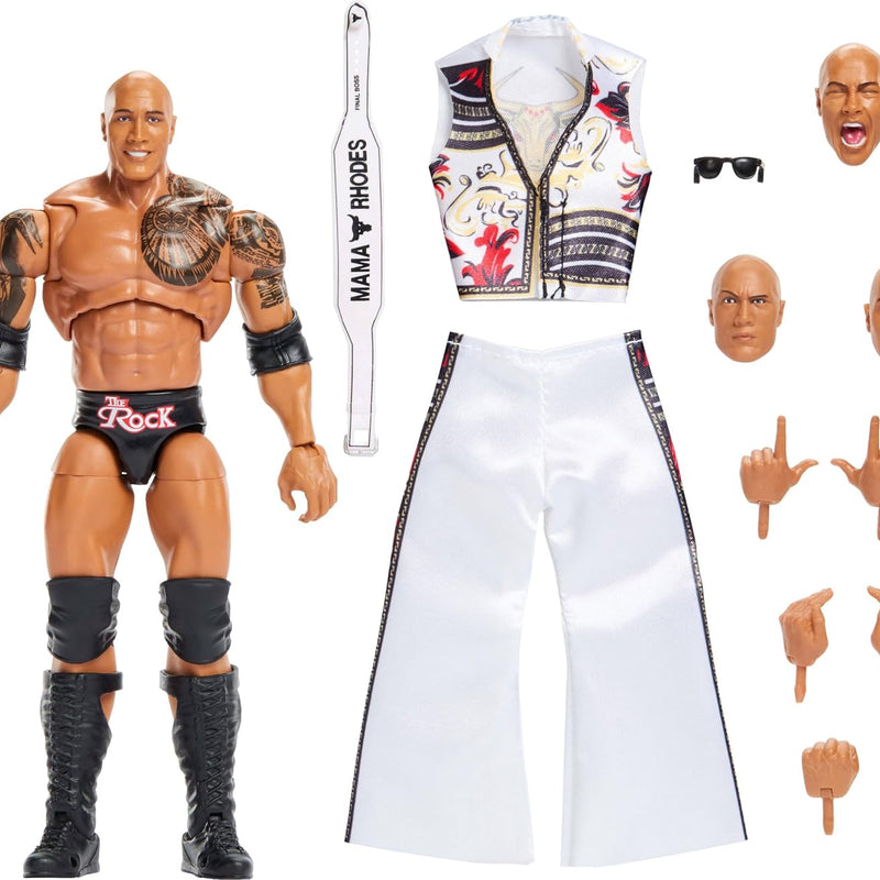 Mattel WWE Ultimate Edition Action Figure & Accessories Set, The Rock Final Boss 6-inch Collectible with Swappable Heads & Hands, 30 Articulation Points