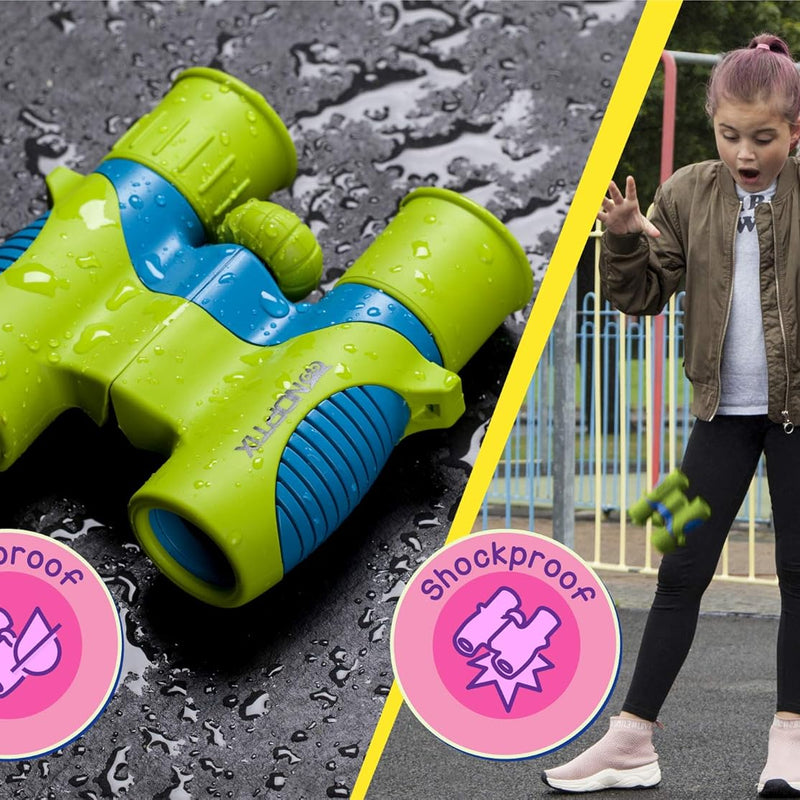 Vibrant green blue kids binoculars with sticker book and shockproof design for children aged 3+ years
