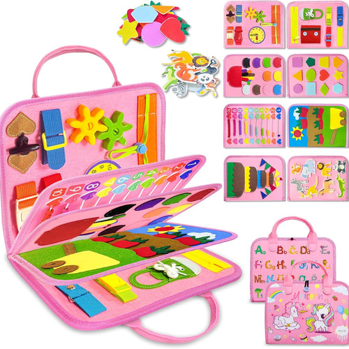 Exorany 8-Page Busy Board for Toddler Girl, Sensory Learning Toy with 20+ Activities, Soft Felt Material, Lightweight and Compact Design