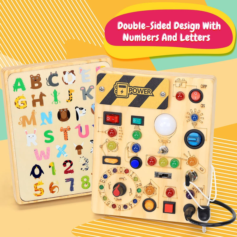 Busy Board for Toddlers with LED Light Switches, 13 Unique Switches, 24 LED Lights, Montessori Toy for 1-3 Years Old
