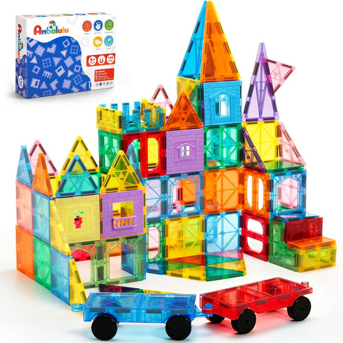 Anbalulu Magnetic Tiles 100PCS with 2 Cars, STEM Educational Building Blocks for Kids Ages 3-9, Magnet Construction Toys Gift for Toddlers