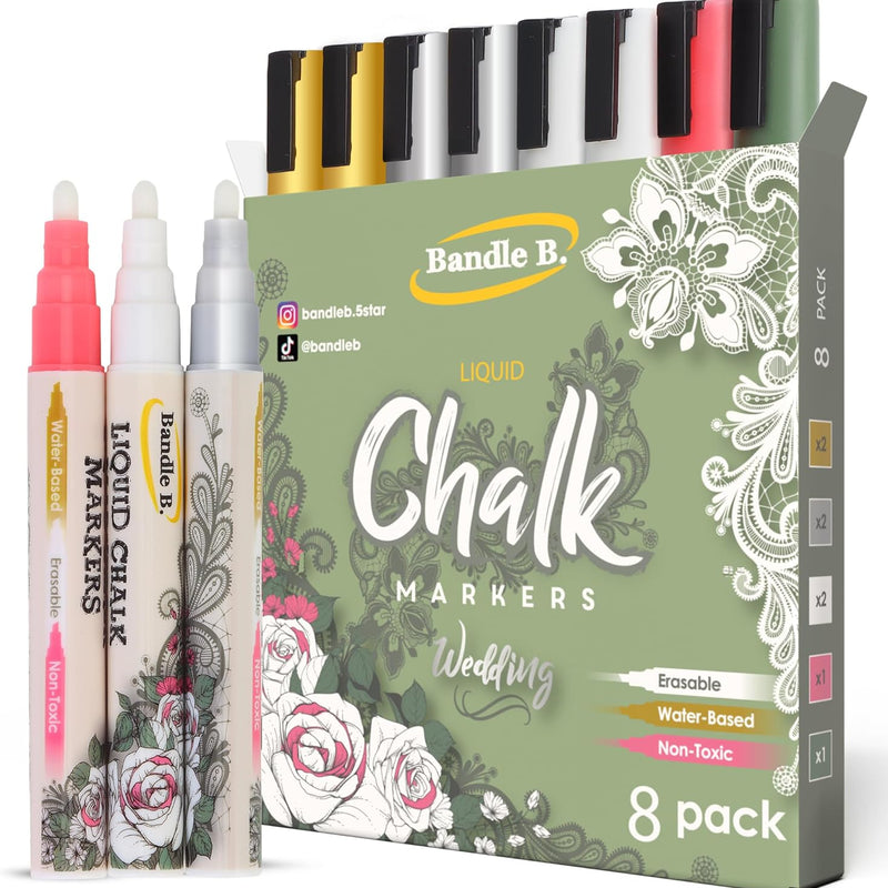 Bandle B. Chalk Markers - 8 Vibrant, Erasable, Non-Toxic, Water-Based, Reversible Tips. For Glass or Chalkboard Markers for Businesses, Restaurants, Liquid Drawing Chalk (Vibrant 6mm)