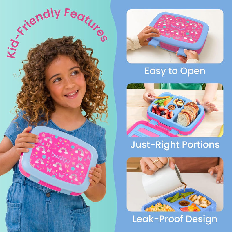Bentgo Kids Prints Leak-Proof, 5-Compartment Bento-Style Kids Lunch Box - Ideal Portion Sizes for Ages 3-7, Durable, Drop-Proof, Dishwasher Safe, & PFAS & BPA-Free Materials (Rainbows & Butterflies)