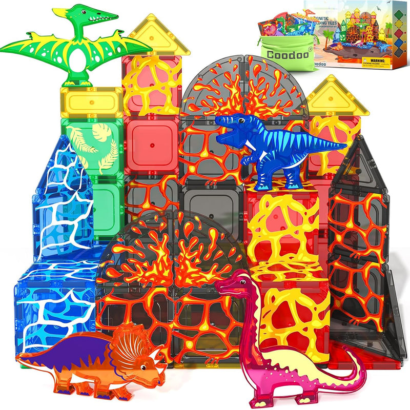 Coodoo Dinosaur Toys Magnetic Tiles Lava Dinosaur World Set - Magnetic Blocks Building for Kids 3-5 5-7 Girls Boys Toy Age 4-6 6-8, Classroom Must Haves Toddler Sensory for 3+ Year Old Kids Toys