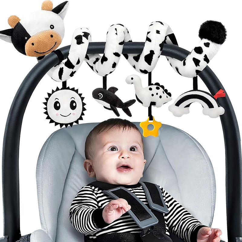 Spiral Car Seat Baby Toys 0-6 Months, Infant Carseat High Contrast Sensory Toys Hanging Stroller Accessories, Newborn Shower Gifts for Baby Boys Essentials Stuff, Cute Black and White Cow