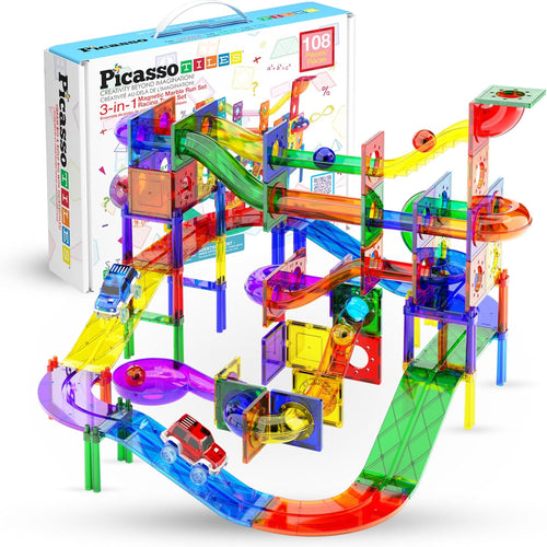 PicassoTiles 108pc Magnetic Marble Run Building Tiles STEM Learning Toy Preschool Construction Kit for Kids