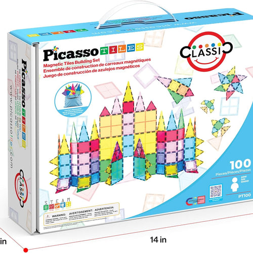 PicassoTiles 100 Piece Set Clear Magnetic 3D Blocks for Kids Creativity Building Playboards Educational