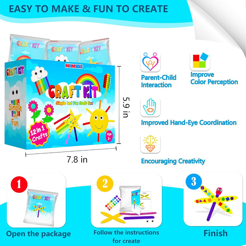 MHMYDIS First Craft Kit for Kids - 12 in 1 No Mess Creative Arts and Crafts kit for Kids Ages 4-8 - Toddler Crafts Kit Supplies - Gifts for Girls and Boys 3 4 5 6 7 8 Year Old (Rainbow)