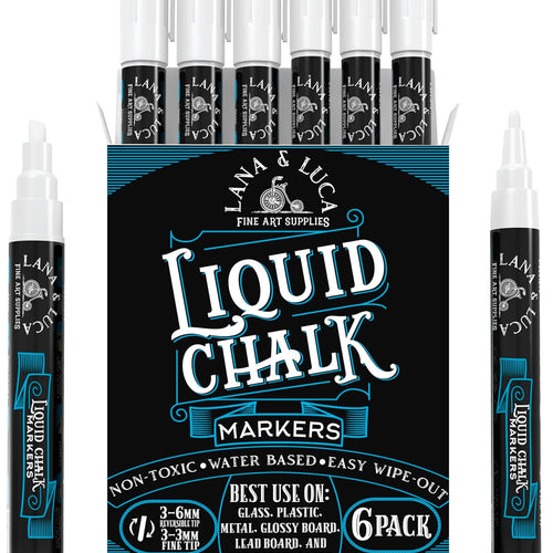 Liquid Chalk Marker Pen - White Dry Erase Marker - Chalkboard Signs, Windows, Blackboard, Glass (6 Pack) 3-6mm Reversible Tip, 3-3mm Fine Tip