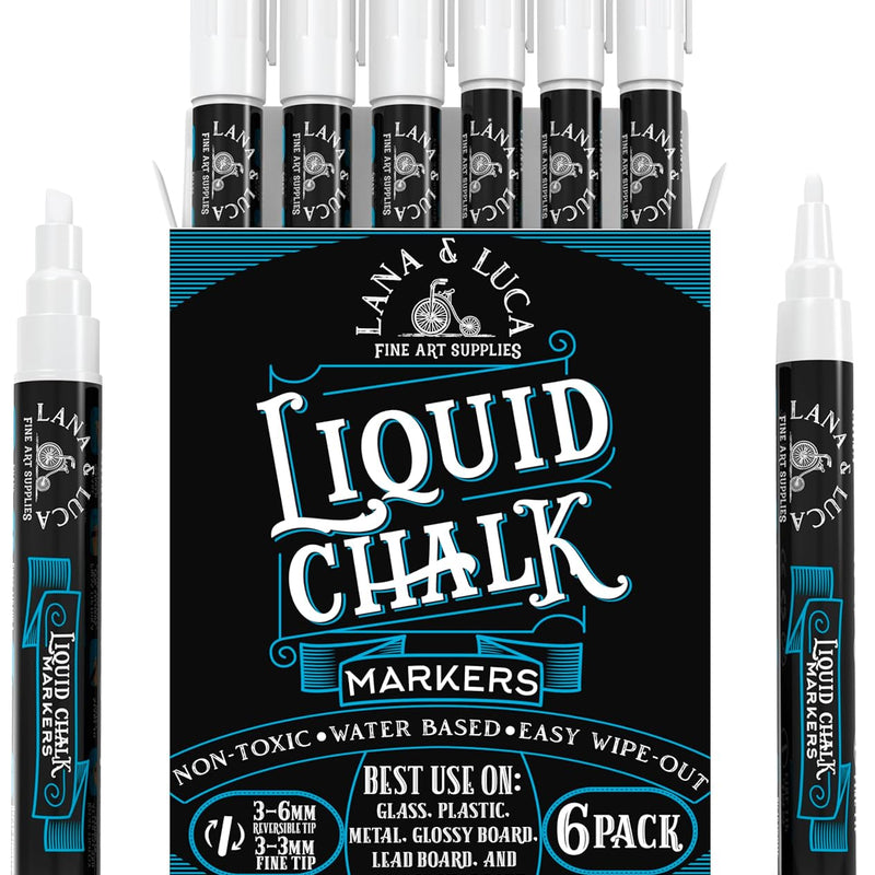 Liquid Chalk Marker Pen - White Dry Erase Marker - Chalkboard Signs, Windows, Blackboard, Glass (6 Pack) 3-6mm Reversible Tip, 3-3mm Fine Tip