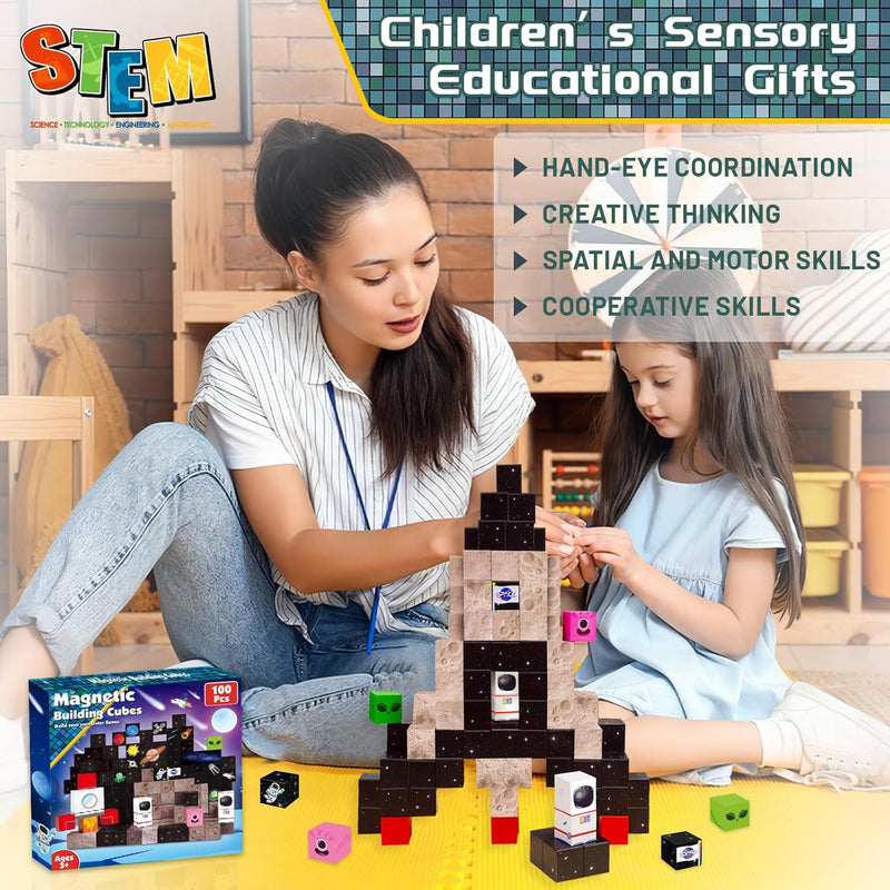Goody King 100PCS Space Rocket Magnetic Building Blocks |Space Adventure Magnetic Blocks Set, STEM Montessori Stacking Toy, Building Playsets for Boys and Girls Ages 3-10,Sensory Tile Birthday Gifts