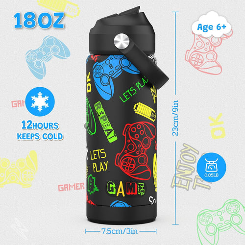 Boys Game Water Bottle for School，Kids 18 oz Insulated Stainless Steel Cup with Straw, Double-Wall Vacuum Leakproof