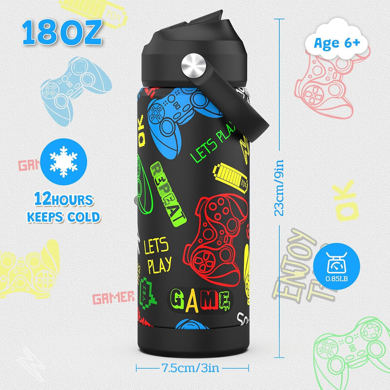 Boys Game Water Bottle for School，Kids 18 oz Insulated Stainless Steel Cup with Straw, Double-Wall Vacuum Leakproof