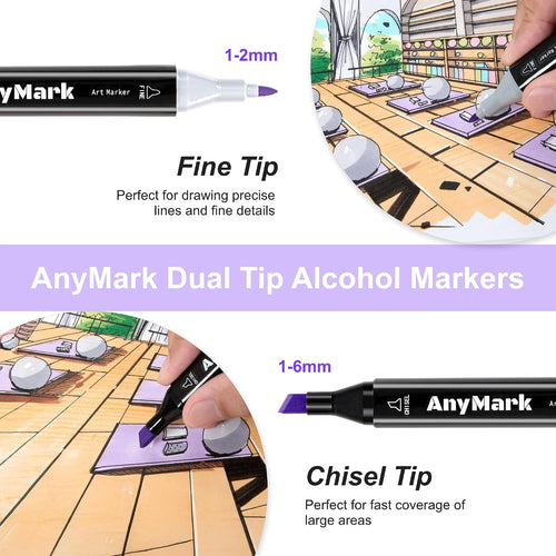 AnyMark Alcohol Markers, 80 Colors Dual Tip Art Coloring Markers Set for Adult Book Drawing Sketching Painting, Chisel & Fine, Black Penholder