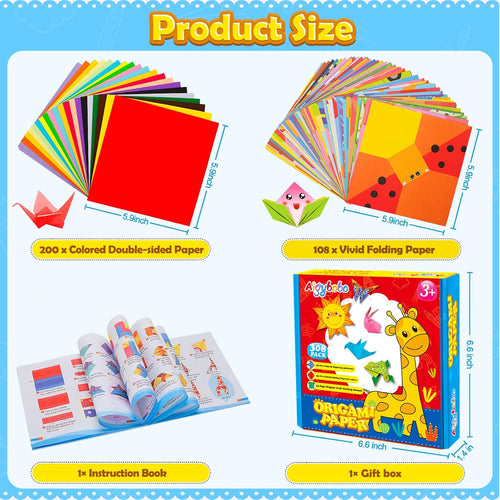 Origami Paper Set, 308PCS Kids Craft Paper Kit with Instructional Book for Girls Age 6,7,8,9,10,11,12, Art Projects Supplies for School Class Craft Lessons- Christmas Birthday Gifts for Boys&Girls