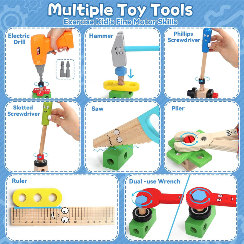 Educational Montessori Tool Set for 3-5 Year Old Boys and Girls, 44 Pcs Wooden STEM Toys with Drill and Apron