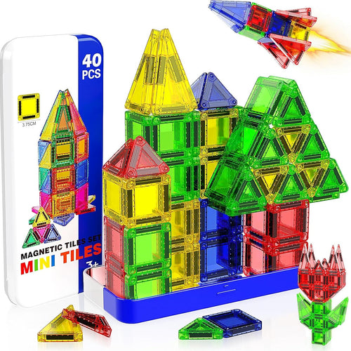 Mini Magnetic Tiles, 40 PCS tin travel magnetic tiles for kids age 3+, STEM educational building set