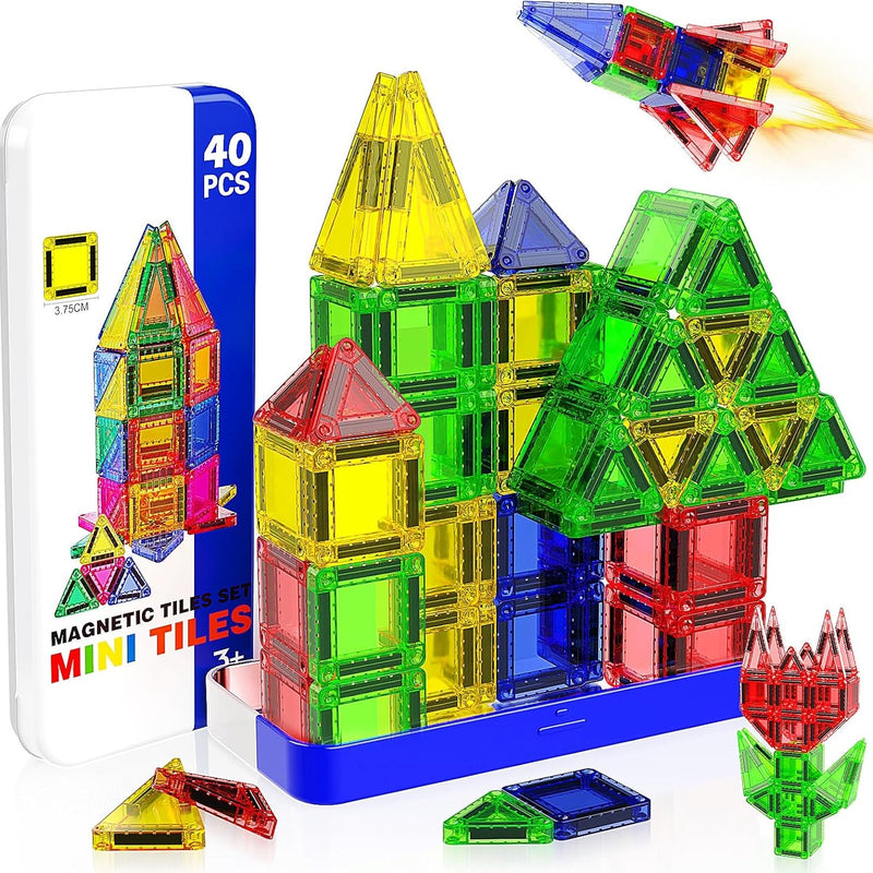 Mini Magnetic Tiles, 40 PCS tin travel magnetic tiles for kids age 3+, STEM educational building set