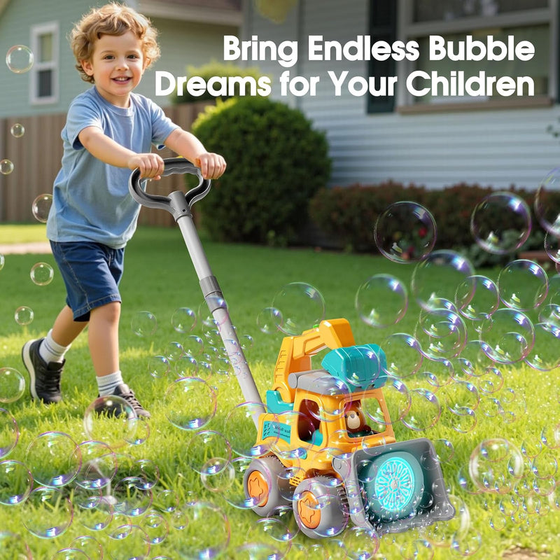 CreatiMachi Rechargeable Bubble Machine for Toddler, Lawn Mower Toy with Dual Play Modes and LED Lighting