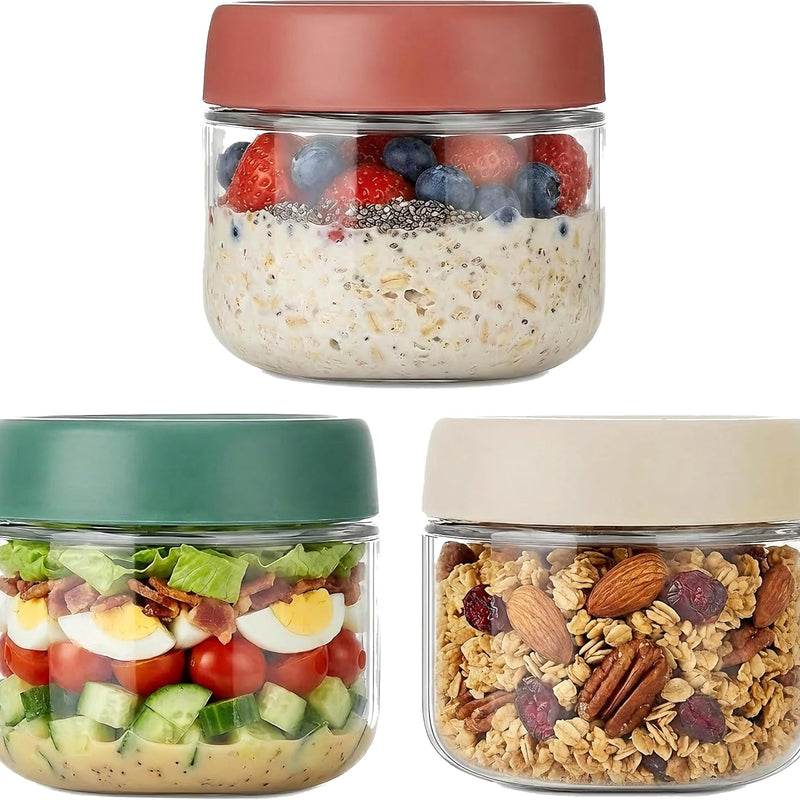 3Pack Overnight Oats Containers with Lids,10oz Glass Jar with Scew Lid,Salad Dressing Fruit Veggies Sauce Snacks Meal Prep Food Containers,Spice Jars,Wide Mouth Storage Containers