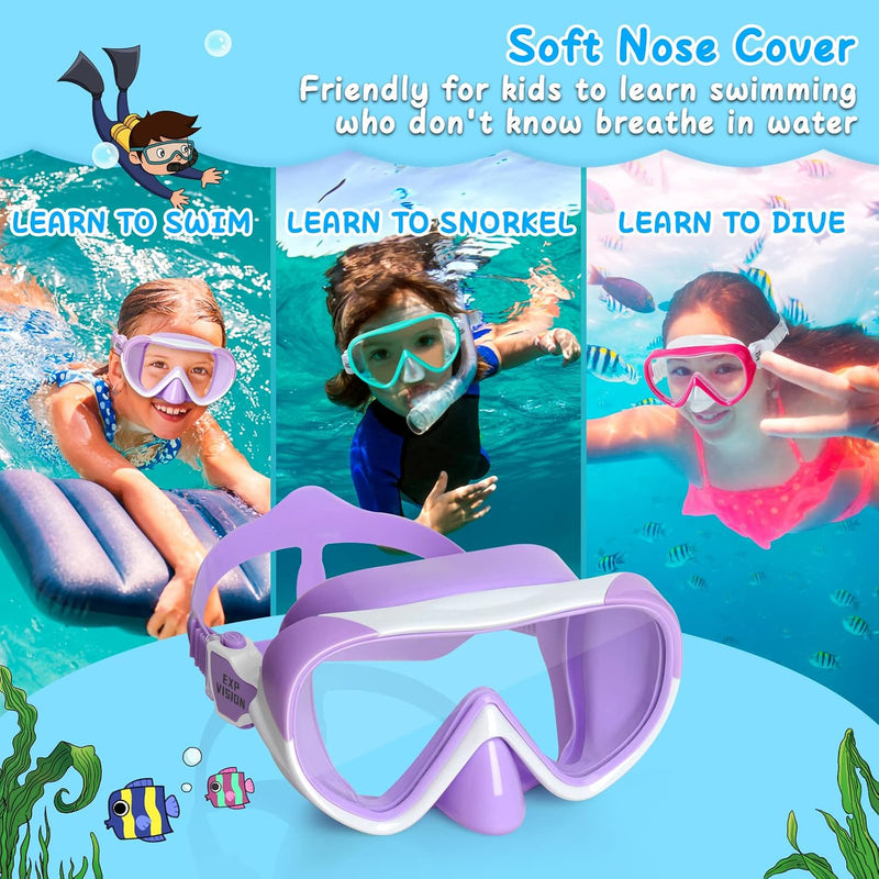 Kids Swim Mask 180° Snorkel Diving Mask, Anti-Fog Child Swim Goggles with Nose Cover No-Leak Swimming Goggles Anti-Shattered Lens for Youth 4-15