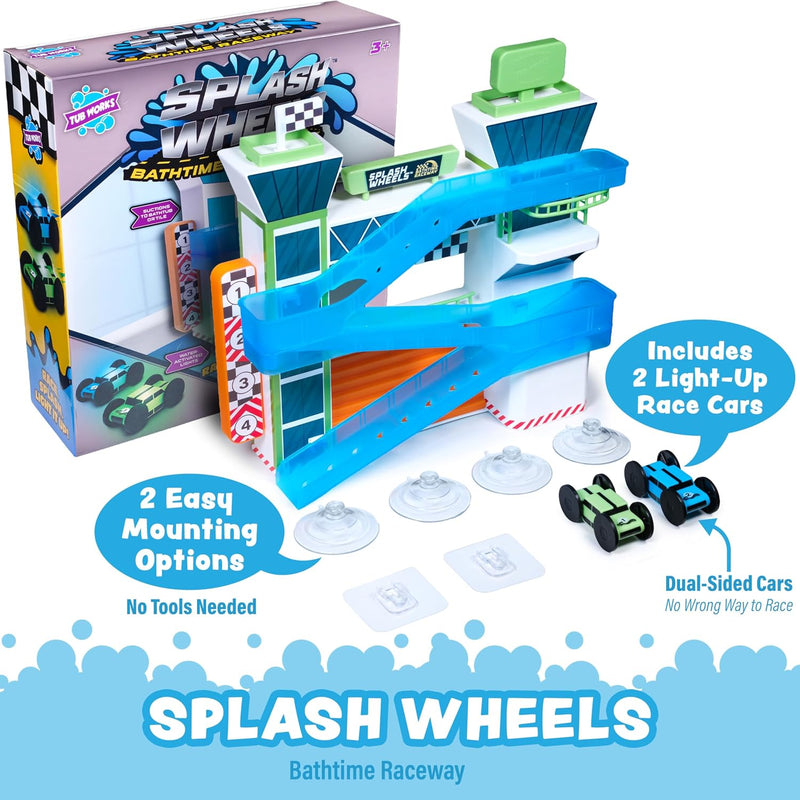 Tub Works® Splash Wheels™ Bathtime Raceway Car Ramp Toddler Bath Toy | Race Car Track with 2 Water-Activated Light-Up Racers | Light Up Bath Toys Flash & Change Colors | Engaging Bathtub Toys for Kids