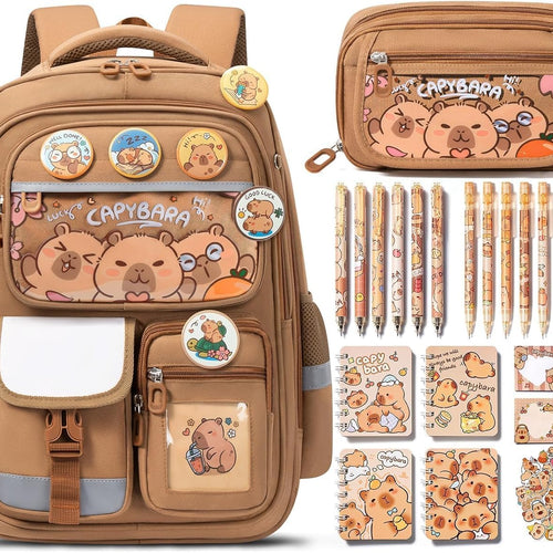 Fimibuke Capybara Backpack for School Girls, 30PCS Capybara Toddler School Supplies Stationery Set with Bookbag Pencil Case Pens Pencils Notebook for Back to School Kindergarten Elementary Student