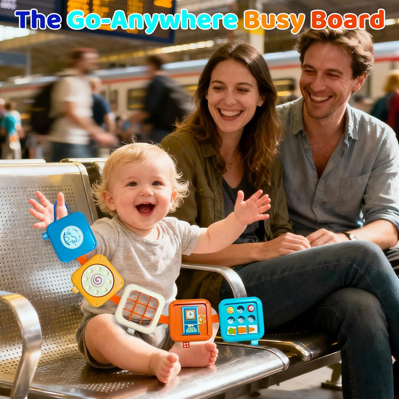 Portable Travel Toys for Baby 6-18M: 5 Foldable Cubes 7 Activity Panels | Busy Board for Car Seat & Airplane Trips - Builds Sensory Fine Motor Skills - Gifts for Baby Birthday Christmas
