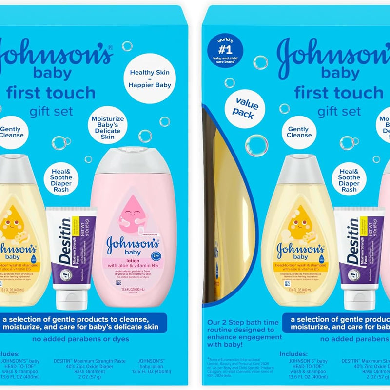 Johnson's Baby First Touch Baby Essentials Gift Set with Body Wash & Shampoo, Body Lotion, & Zinc Oxide Diaper Rash Paste for Baby's Delicate Skin, Hypoallergenic, No Added Parabens or Dyes, 3 Items