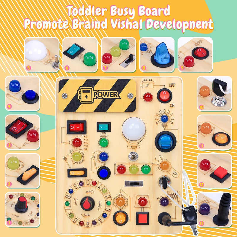 Busy Board for Toddlers with LED Light Switches, 13 Unique Switches, 24 LED Lights, Montessori Toy for 1-3 Years Old