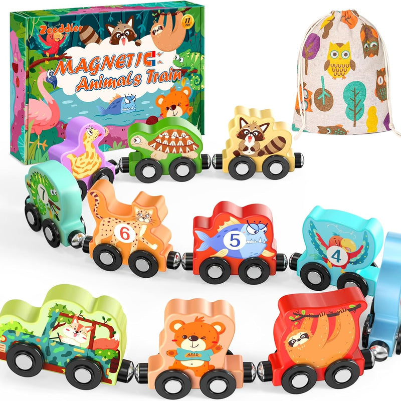 Zeoddler 11-Piece Magnetic Wooden Animals Train Set for Toddlers, Montessori Toys with Natural Wood and Double-Sided Printing