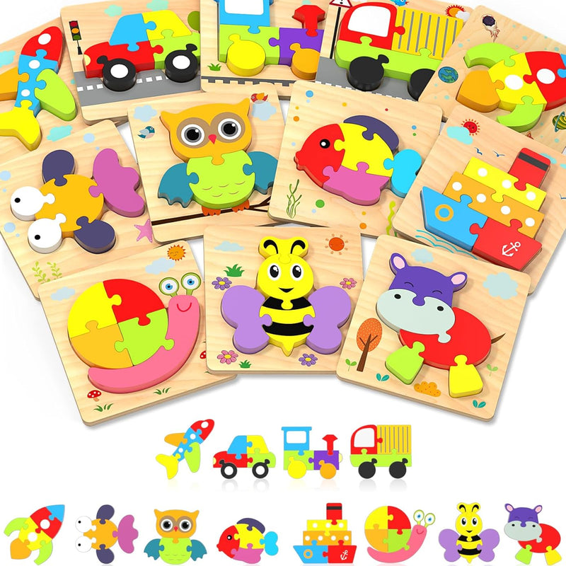 Yetonamr wooden toddler puzzles, 6 vehicle shape montessori toys for 1-3 year old boys and girls, high-quality and safe