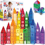 Playmags 100-Piece Magnetic Tiles for Kids, STEM Building Blocks Set with Click-in ABC Learning Tiles and Magnetic Figures