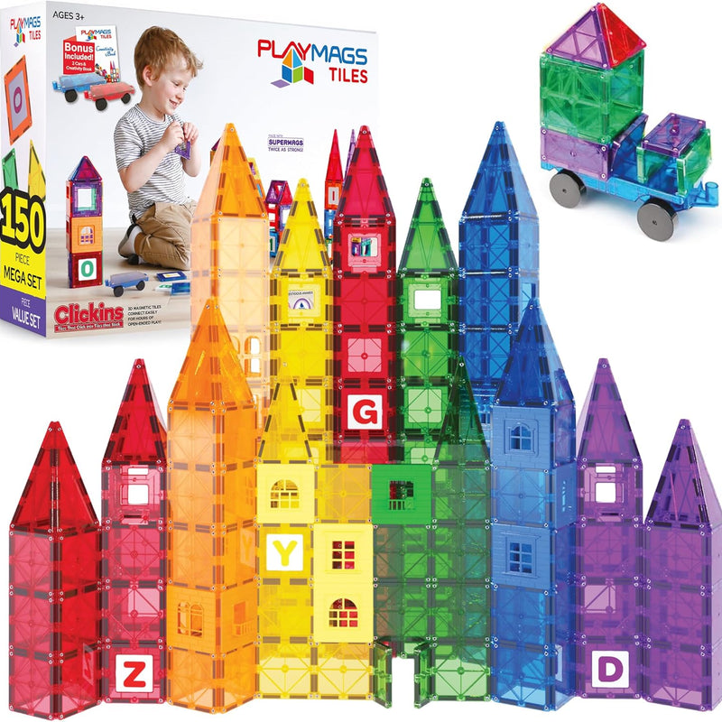 Playmags 100-Piece Magnetic Tiles for Kids, STEM Building Blocks Set with Click-in ABC Learning Tiles and Magnetic Figures