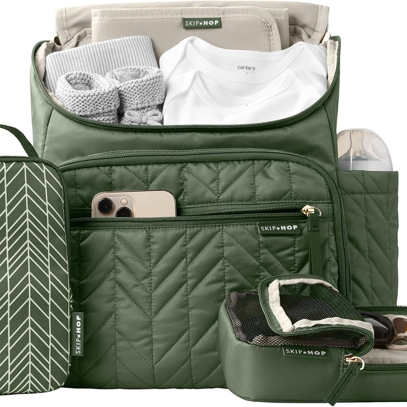 Skip Hop Diaper Bag Backpack: Forma, Multi-Function Baby Travel Bag with Changing Pad & Stroller Attachment, Sage