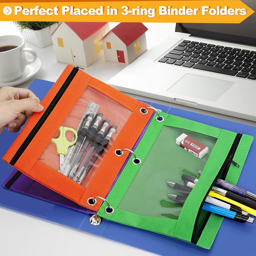 Pencil Pouch for 3 Ring Binder, Bulk 6 Pack 3 Hole Zipper Pencil Pouches with Clear Window, Pencils Bags in Assorted Colors, Sturdy and Durable Cloth Pencils Case for School Office College Supplies