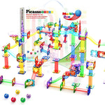PicassoTiles 100pc Magnetic Marble Run Set with Racing Track Tiles Funnels Curved Slopes and Steel Balls for Kids STEM Construction Indoor Learning Toy that Promotes Focus and Problem Solving PTG100