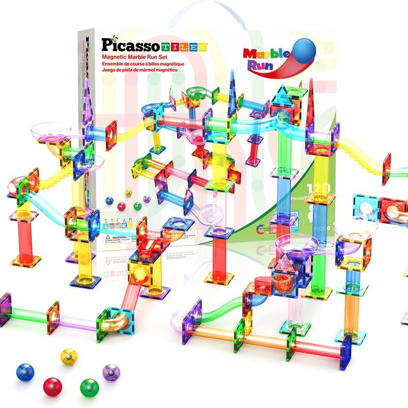 PicassoTiles 50pcs Magnetic Tiles Marble Run for Kids Race Track Toy Marble Maze Sensory Toys for Toddlers STEM Educational Set Magnet Building Blocks Construction Building Tiles Boys Girls 3+ PTG50