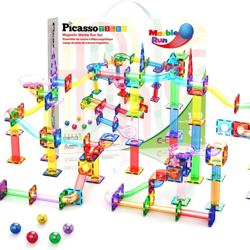 PicassoTiles 100pc Magnetic Marble Run Set with Racing Track Tiles Funnels Curved Slopes and Steel Balls for Kids STEM Construction Indoor Learning Toy that Promotes Focus and Problem Solving PTG100